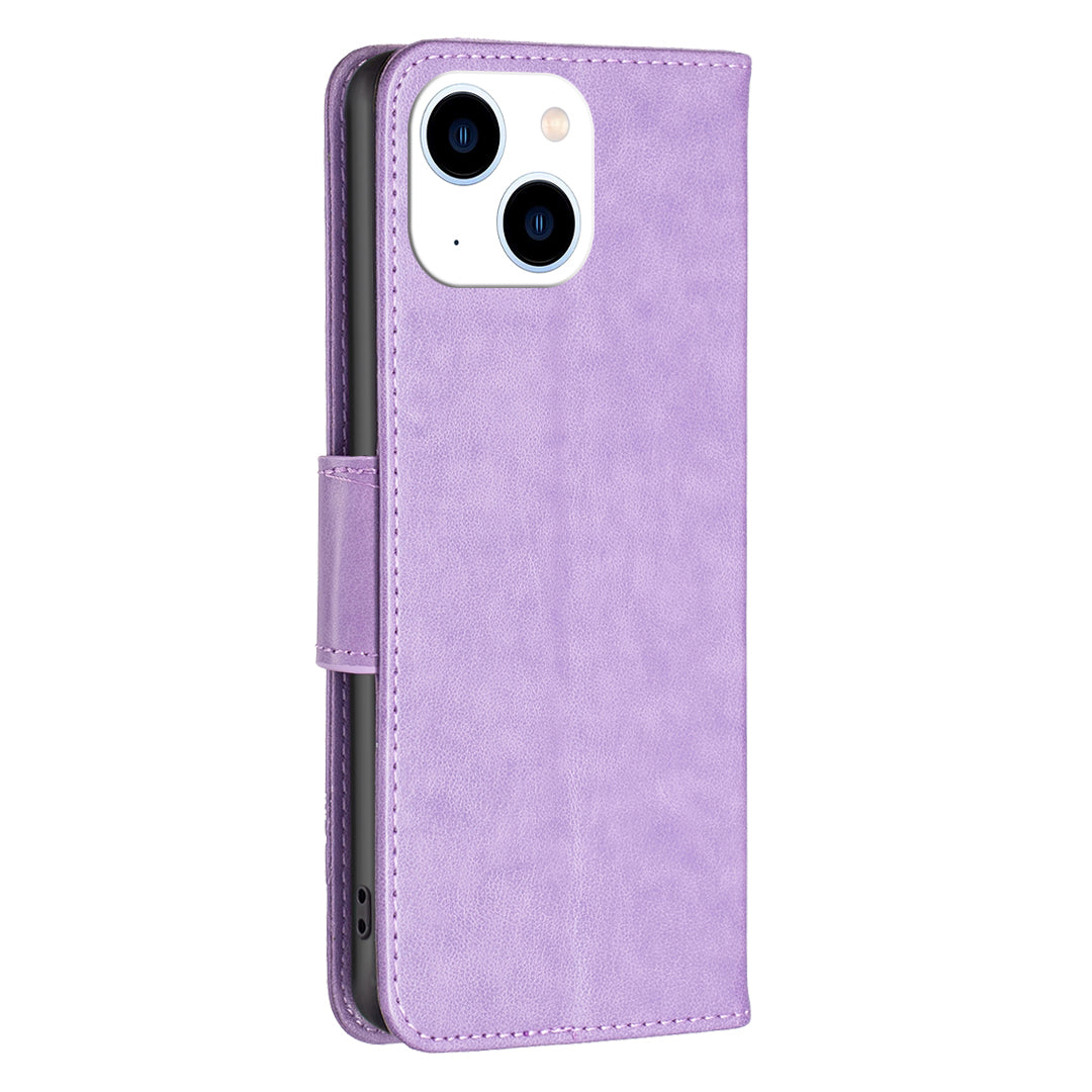 Uniqkart for iPhone 15 Foldable Stand Wallet Phone Flip Case Butterfly Imprinted Leather Cover with Strap - Purple Uniqkart for iPhone 15 Foldable Stand Wallet Phone Flip Case Butterfly Imprinted Leather Cover with Strap - Purple